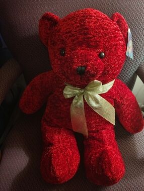 NWT Vintage Teddy Precious Red Plush Bear W/ Gold Bow, Black Eyes,